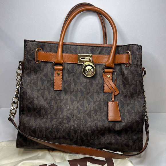 Michael Kors Hamilton Monogram Lock Gold Chain Bag Signature Large w Dust Bag - Picture 5 of 8